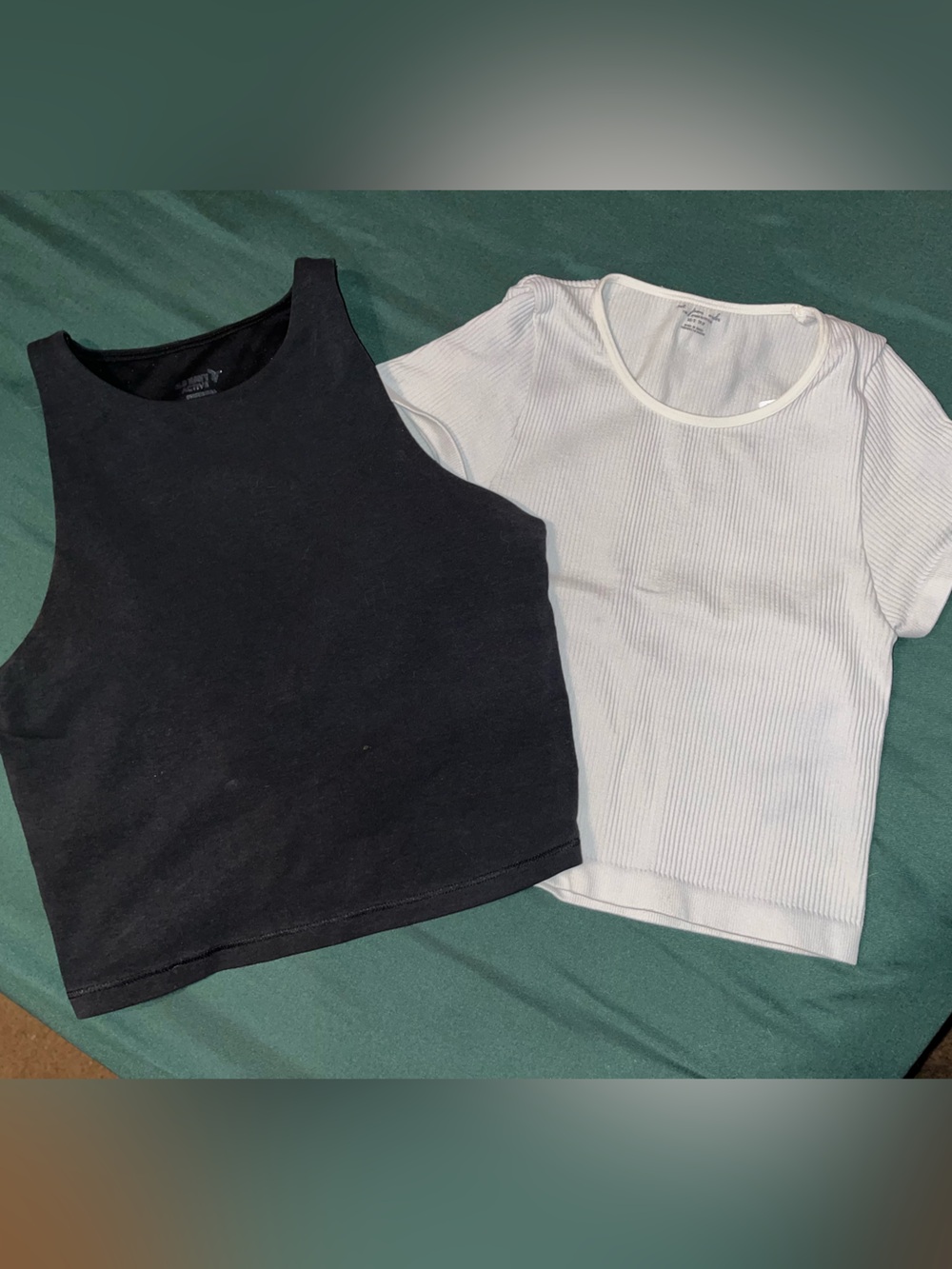Black Cropped Tank Top and White Ribbed Tee Set - Women Active Tops